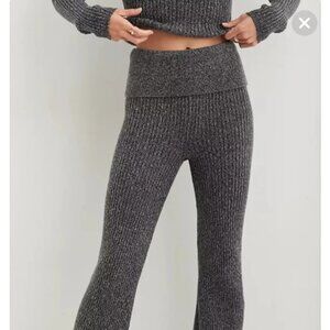 Aerie knit ribbed cozy cabincore sweater high waist fold over grey flare pants